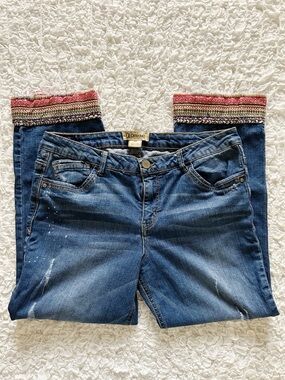 Democracy Ankle Jeans with Pink Embroidered Cuffs 12 Boho Festival Distressed